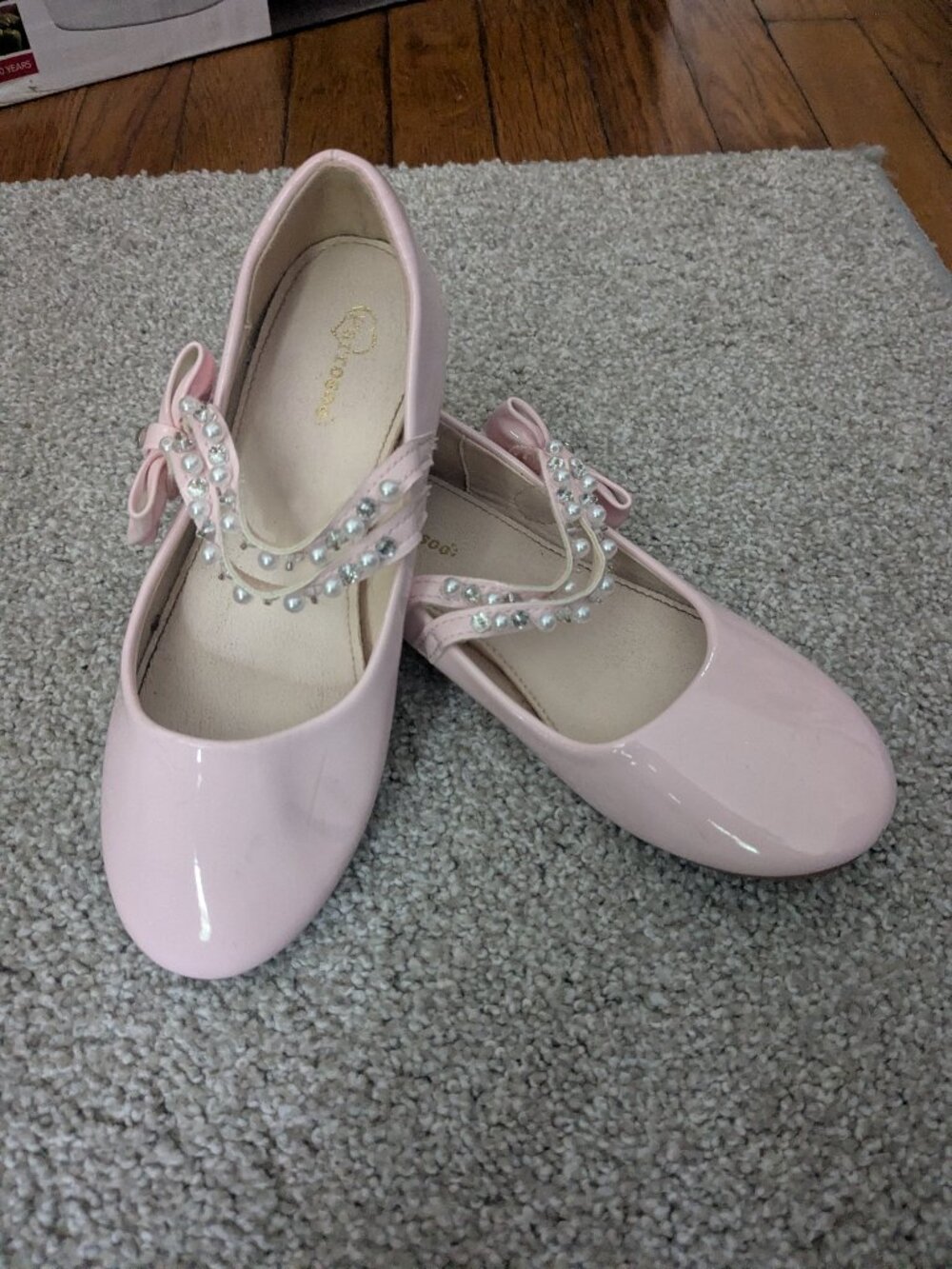 Girls Size 2 Pink Ballet Flats with Bow and Rhinestones & Pearl Straps